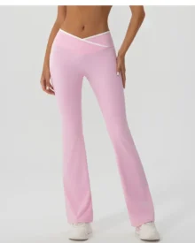Cross High Waist Flare Yoga Pants, Color Block Slim Stretch Sports Wide Leg Pants For Women - Blush