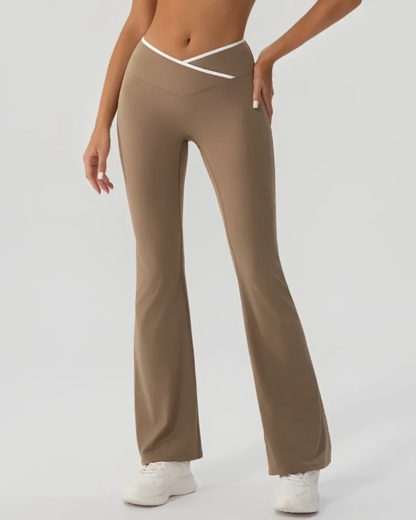 Cross High Waist Flare Yoga Pants, Color Block Slim Stretch Sports Wide Leg Pants For Women - Camel