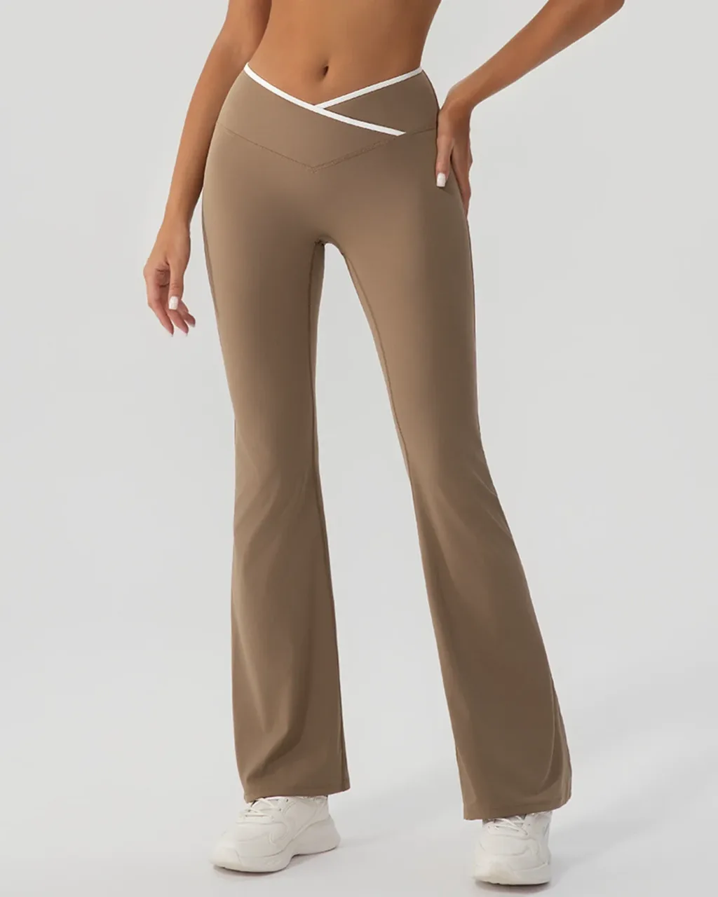 Pantalones Yoga De Cintura Alta Y Pierna Ancha Con Diseño De Bloques De Color - camel