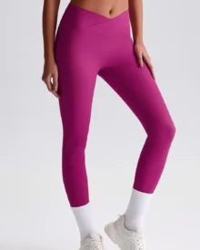 Cross High Waist Ribbed Hip Lifting Yoga Pants - Magenta