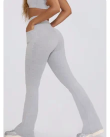 Seamless High Waist Nude Yoga Pants, Tummy Control Hip Lifting Breathable Flare Wide Leg Pants For Pilates - Light Grey