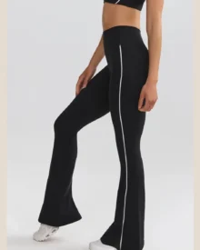 Striped High Waist Hip Lifting Micro Flare Yoga Pants, Slim Wide Leg Outdoor Sports Trousers - blaack