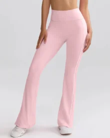 Striped High Waist Hip Lifting Micro Flare Yoga Pants, Slim Wide Leg Outdoor Sports Trousers - Blush