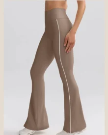 Striped High Waist Hip Lifting Micro Flare Yoga Pants, Slim Wide Leg Outdoor Sports Trousers - warm grey