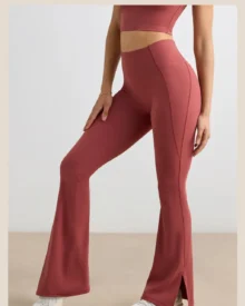 High Waist Nude Split Micro Flare Yoga Pants, Hip Lifting Wide Leg Casual Sports Split Bell Bottom Pants - Burgundy