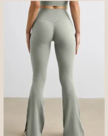 High Waist Nude Split Micro Flare Yoga Pants, Hip Lifting Wide Leg Casual Sports Split Bell Bottom Pants - Silver green