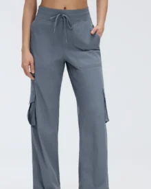 Multi-Pocket Wide Leg Cargo Sports Pants - Steel Blue