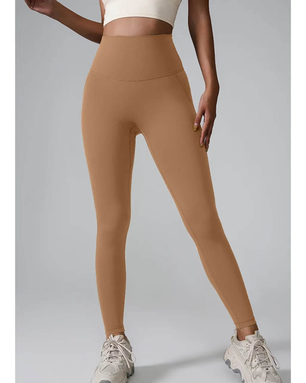 Pantalones Yoga Sin Costuras Con Cintura Alta Y Bolsillos - camel
