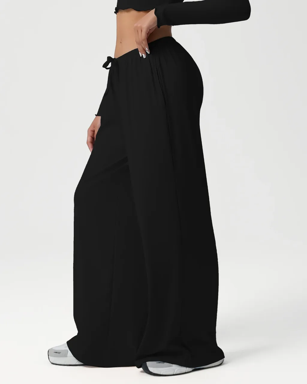Pantalones Yoga Otoño-Invierno De Cintura Baja Con Cordón Y Pierna Ancha - negro