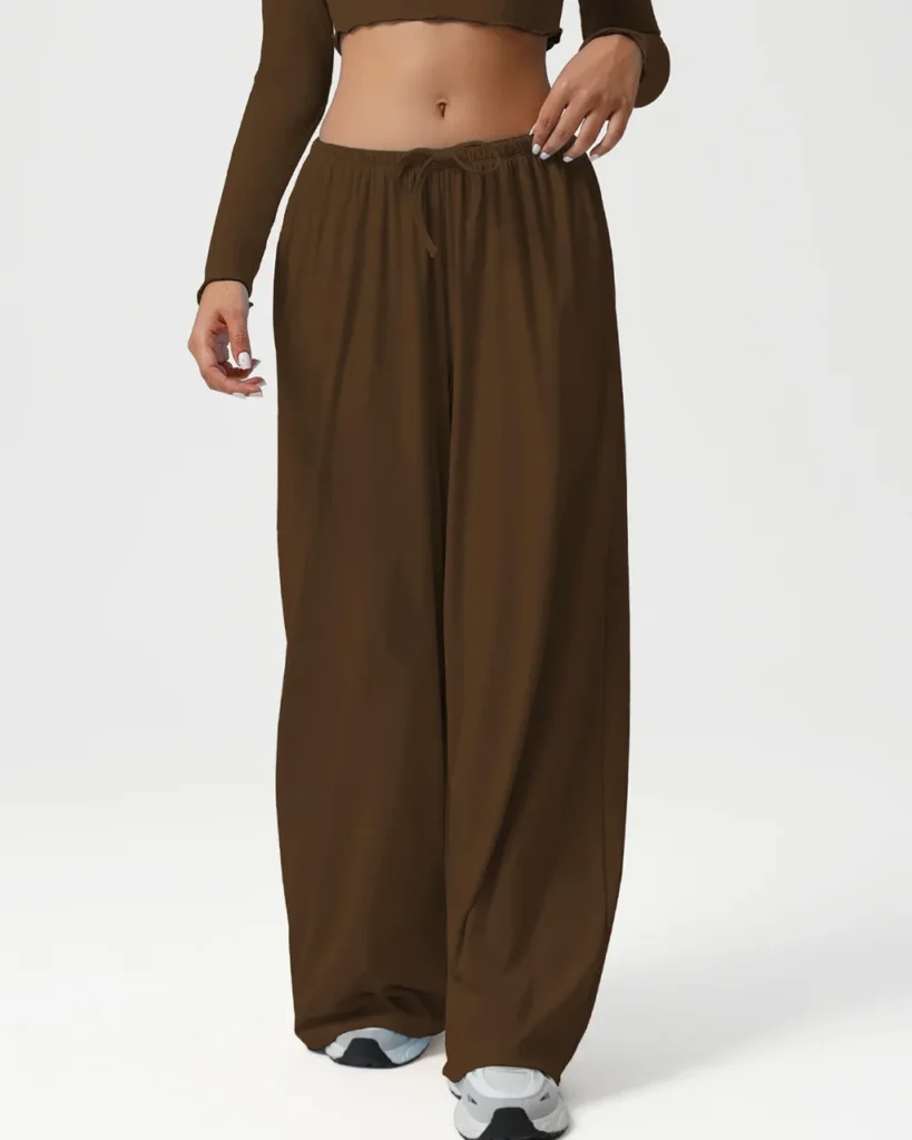 Pantalones Yoga Otoño-Invierno De Cintura Baja Con Cordón Y Pierna Ancha - marrón