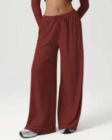 Autumn Winter Low Waist Drawstring Wide Leg Yoga Pants With Pockets - Burgundy