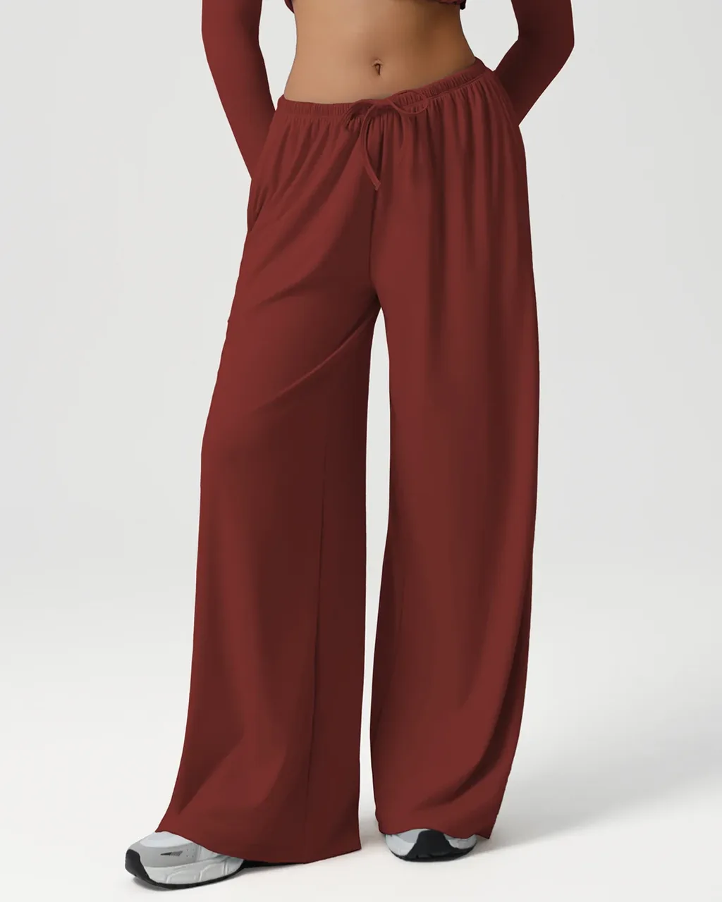 Pantalones Yoga Otoño-Invierno De Cintura Baja Con Cordón Y Pierna Ancha - borgoña