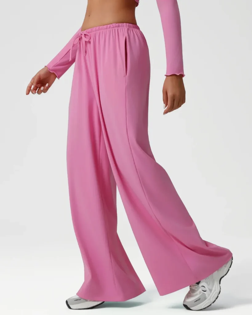 Pantalones Yoga Otoño-Invierno De Cintura Baja Con Cordón Y Pierna Ancha - rosa
