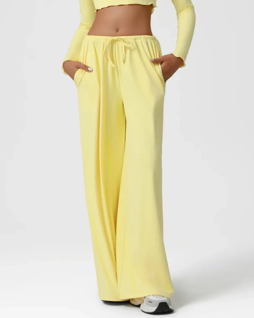 Pantalones Yoga Otoño-Invierno De Cintura Baja Con Cordón Y Pierna Ancha - amarillo