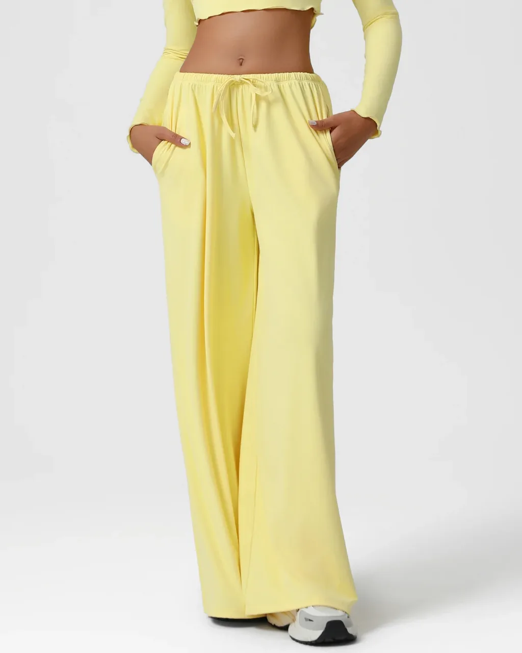 Pantalones Yoga Otoño-Invierno De Cintura Baja Con Cordón Y Pierna Ancha - amarillo