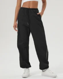 Color Block Drawstring Cargo Pants Quick Dry Straight Leg Fitness Pants - Midnight