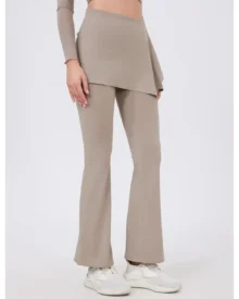 Ruched Hip Lifting 2-Piece Flare Yoga Pants With Butt Cover - mudium khaki