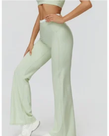 Color Block Nude Feel High Waist Fake Flared Pants - Mint Green