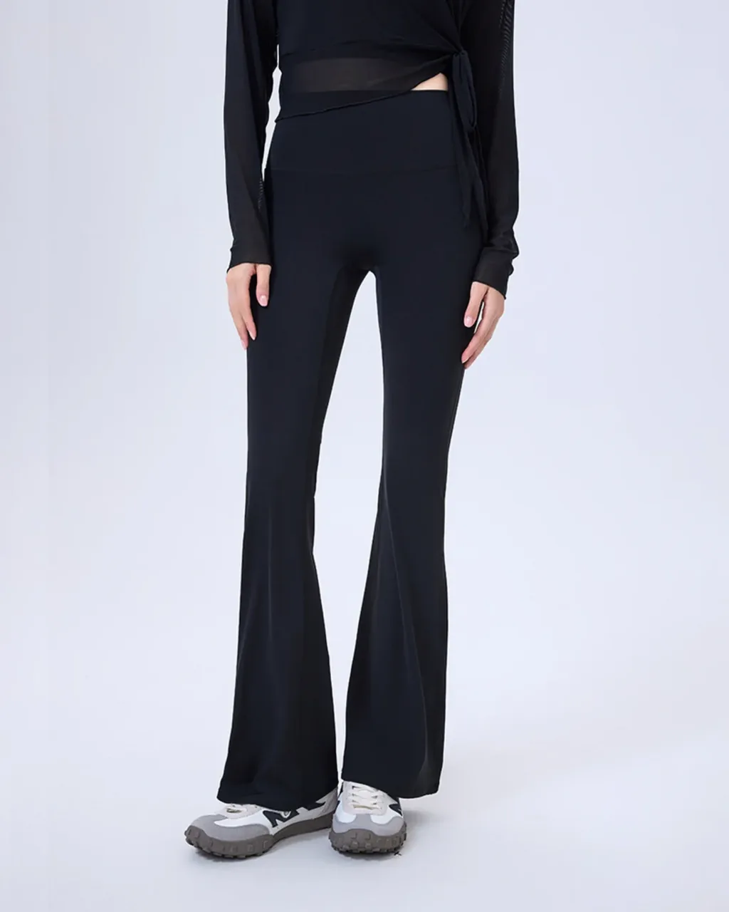 One Size Nude High Waist Flared Yoga Pants Butt Lifting Fitness Trousers - black