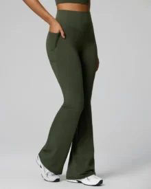 Pocket Fitness Pants - Wide-Leg Slimming Flared Sports Pants For Women - Olive Green