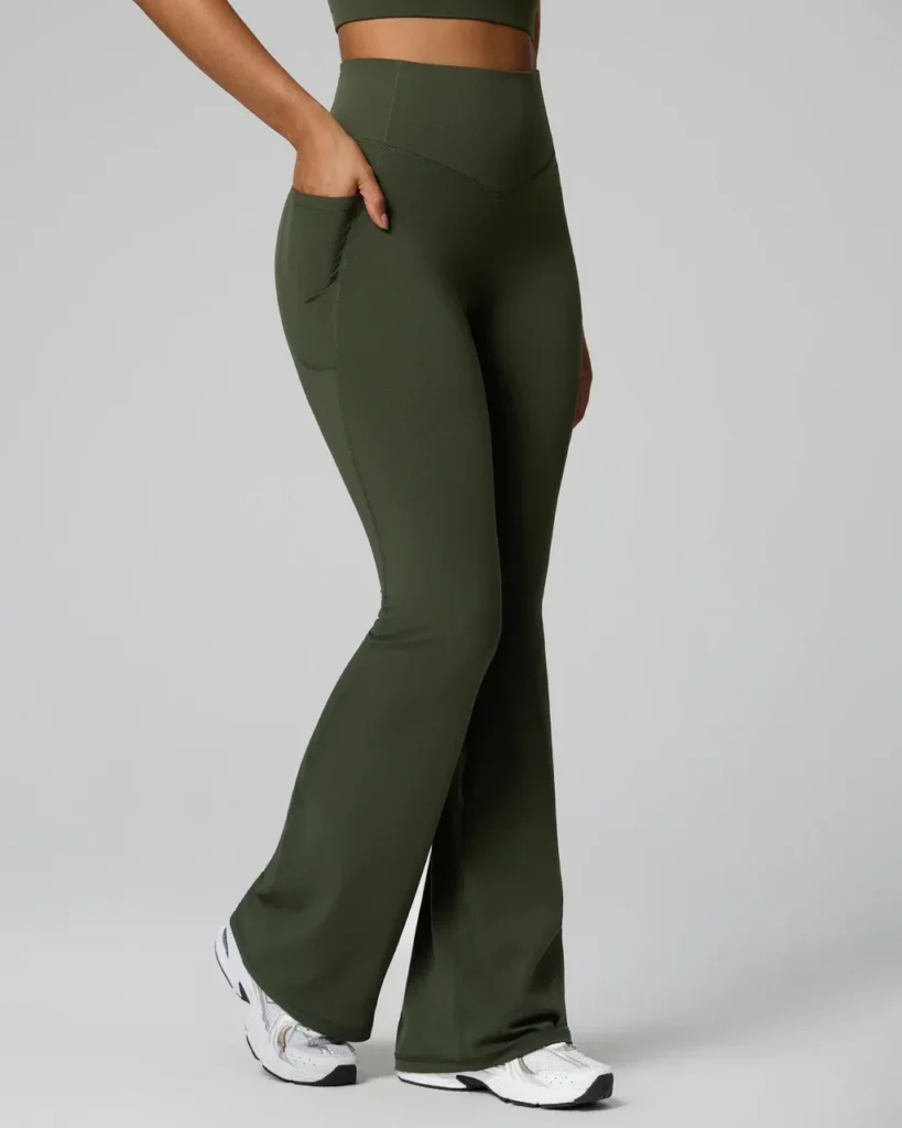 Pocket Fitness Pants - Wide-Leg Slimming Flared Sports Pants For Women - Olive Green