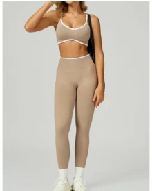 Seamless Color Block Trimming Yoga High Waist Slim - Warm Sand Taupe