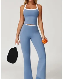 Color Block High Waist Quick Dry Nude Feel Flare - blue
