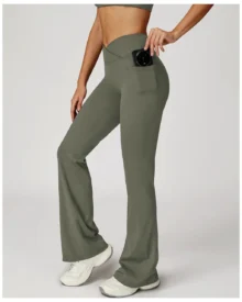 Cross Waist High Nude Feel Flare Wide Leg Micro - Dark green