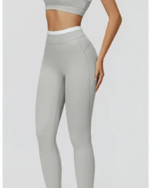 Ribbed High Waist Color Block Yoga Nude Feel Tight - Light Grey