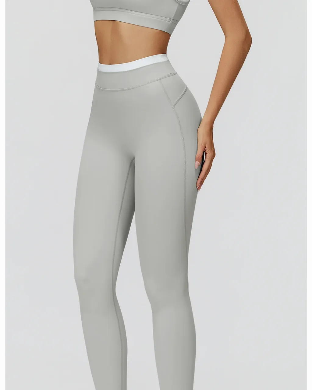 Leggings Yoga De Cintura Alta Con Textura Acanalada Y Bloques De Color - gris claro