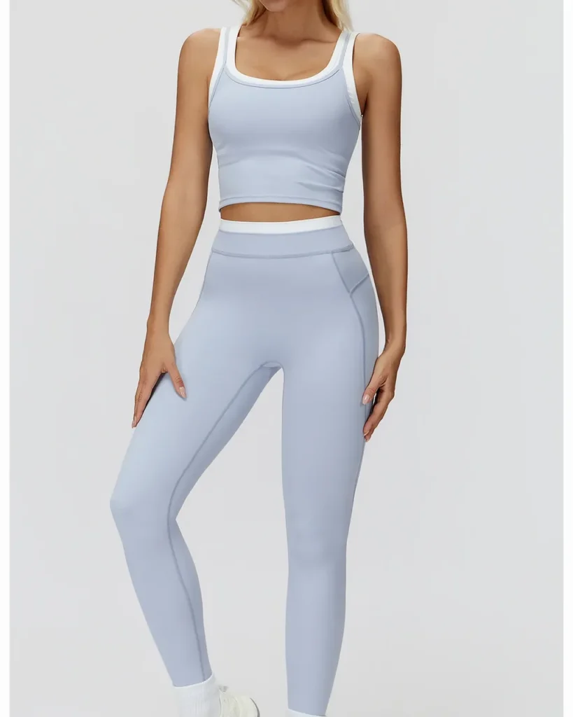 Ribbed High Waist Color Block Yoga Nude Feel Tight - sky blue