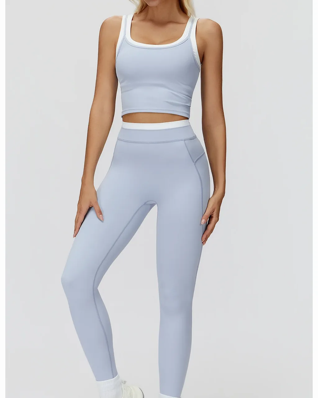 Leggings Yoga De Cintura Alta Con Textura Acanalada Y Bloques De Color - azul cielo
