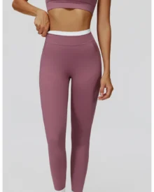 Ribbed High Waist Color Block Yoga Nude Feel Tight - wine