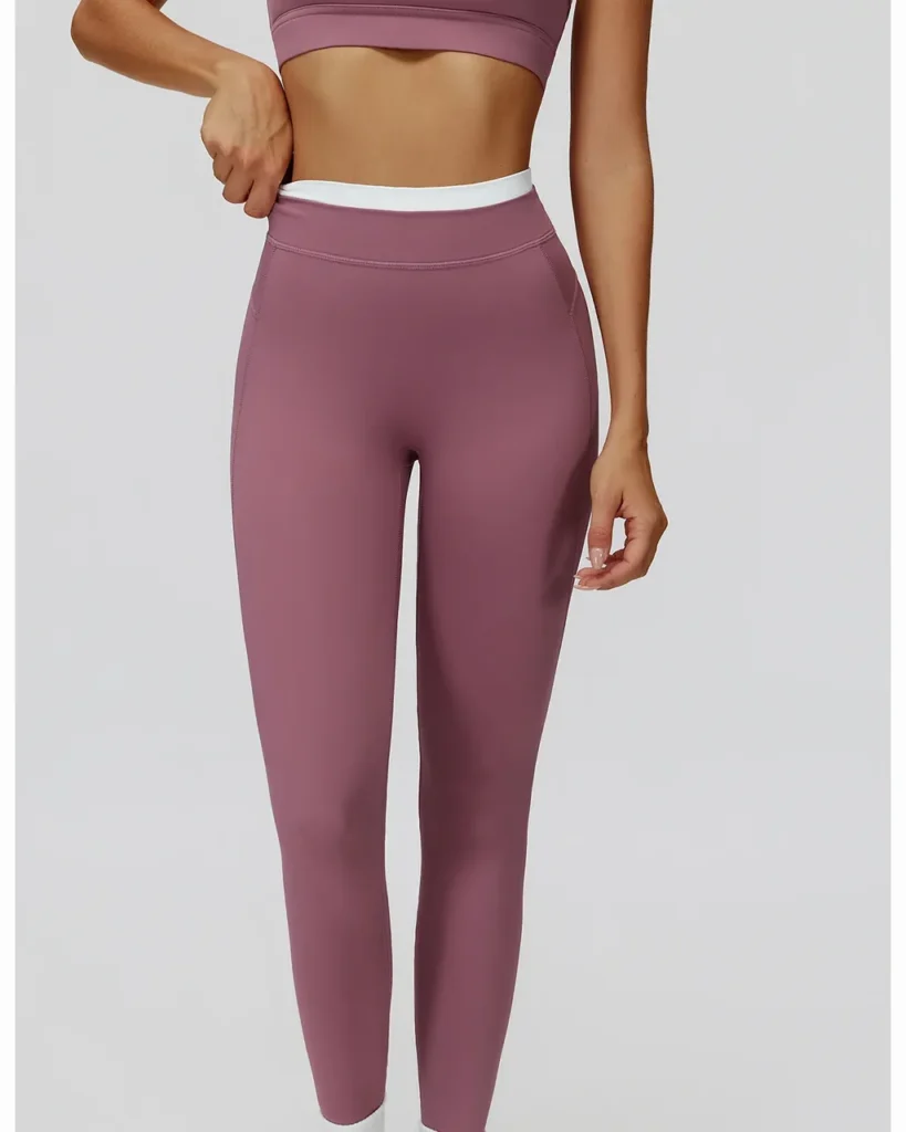 Ribbed High Waist Color Block Yoga Nude Feel Tight - wine
