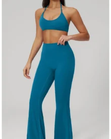 Seamless High Waist Peach Hip Flared Yoga Set - Rich Midnight Blue