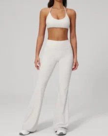Seamless High Waist Peach Hip Flared Yoga Set - White