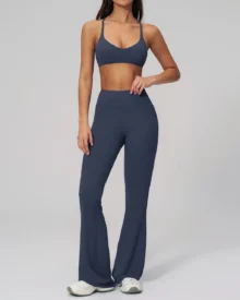 Halter Backless Flared Quick Dry Yoga Set - Navy