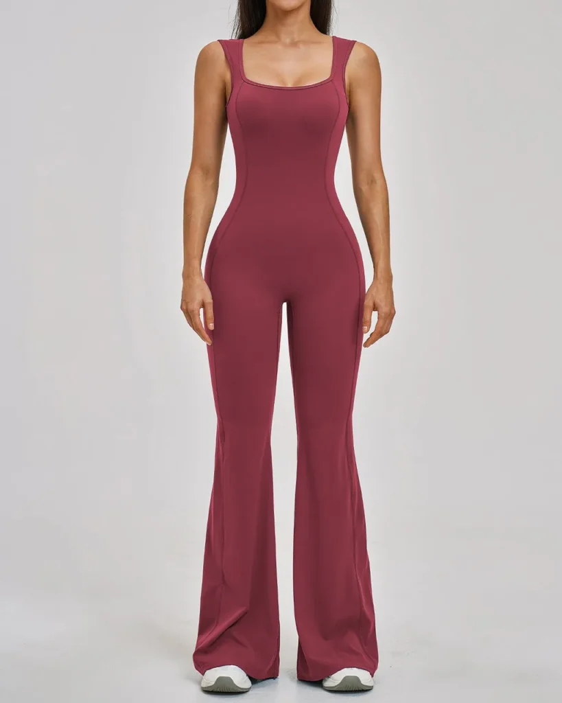 Backless Flared Slim Yoga Jumpsuit - Burgundy