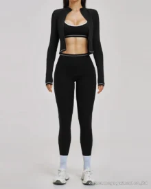 Color Block Zip Windproof Slim Yoga Fitness 3 Piece Set - Black