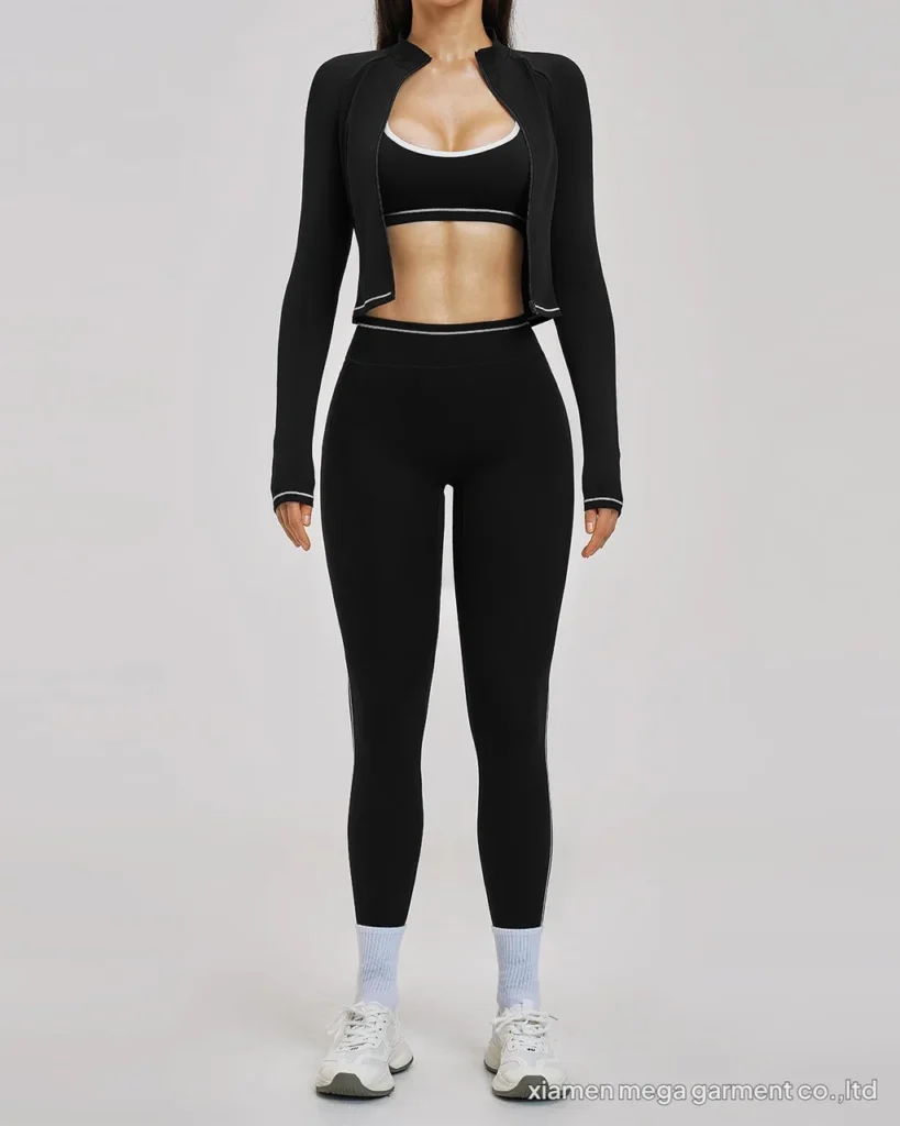 Color Block Zip Windproof Slim Yoga Fitness 3 Piece Set - Black