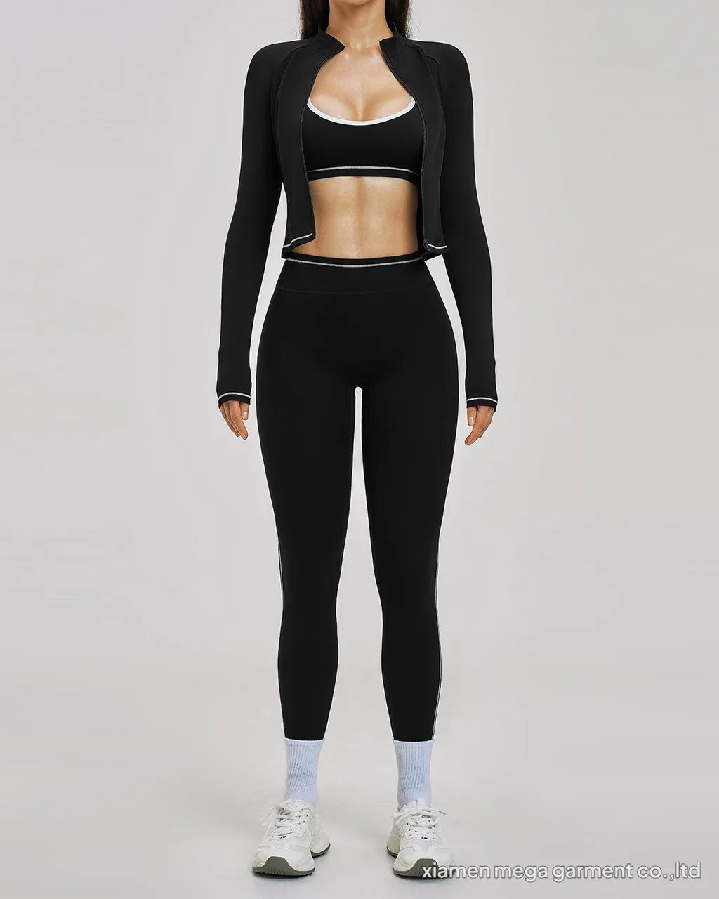 Color Block Zip Windproof Slim Yoga Fitness 3 Piece Set - Black