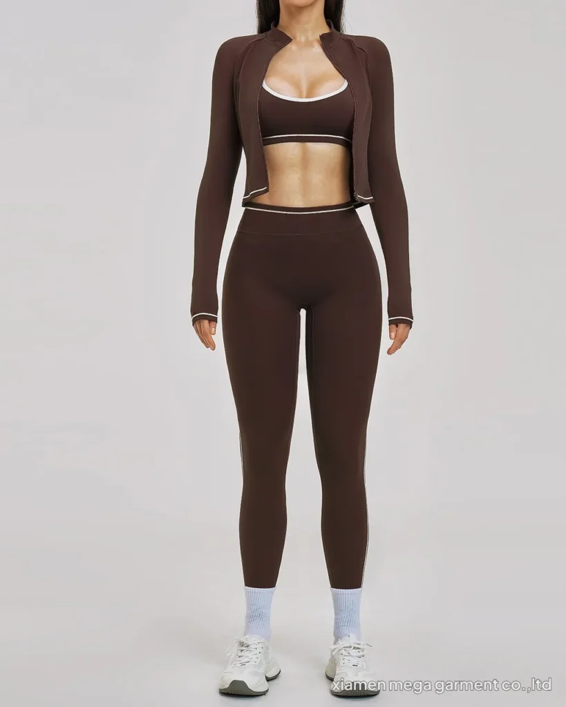 Color Block Zip Windproof Slim Yoga Fitness 3 Piece Set - Brown