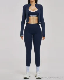 Color Block Zip Windproof Slim Yoga Fitness 3 Piece Set - Navy