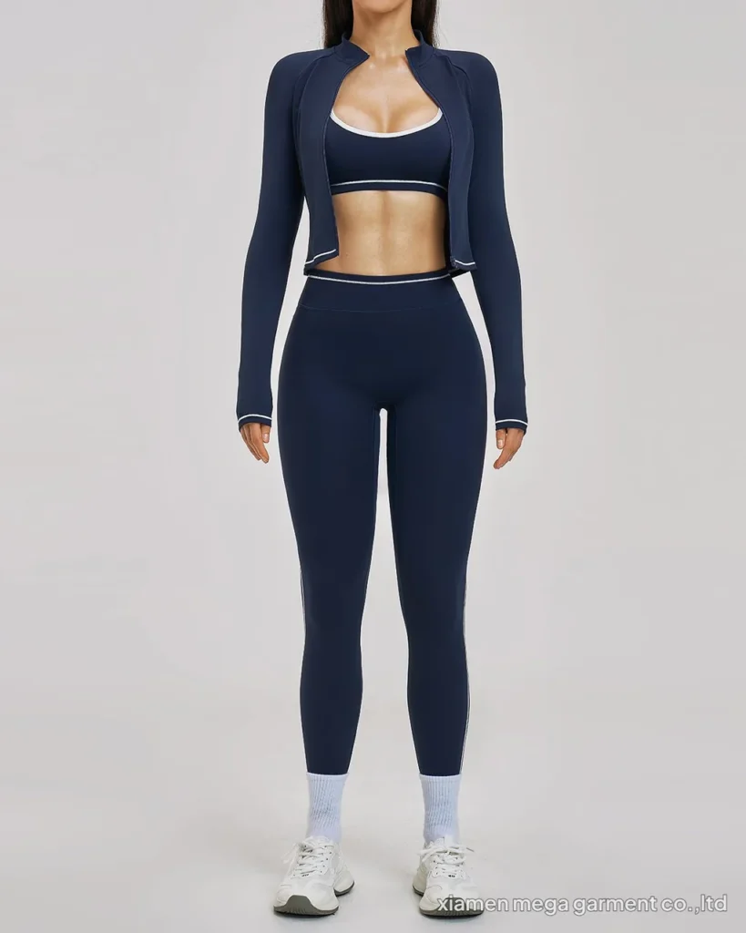 Color Block Zip Windproof Slim Yoga Fitness 3 Piece Set - Navy