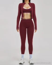 Color Block Zip Windproof Slim Yoga Fitness 3 Piece Set - Wine