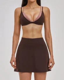 Nude Backless Tennis Skirt Quick Dry Casual Sports Set - Brown