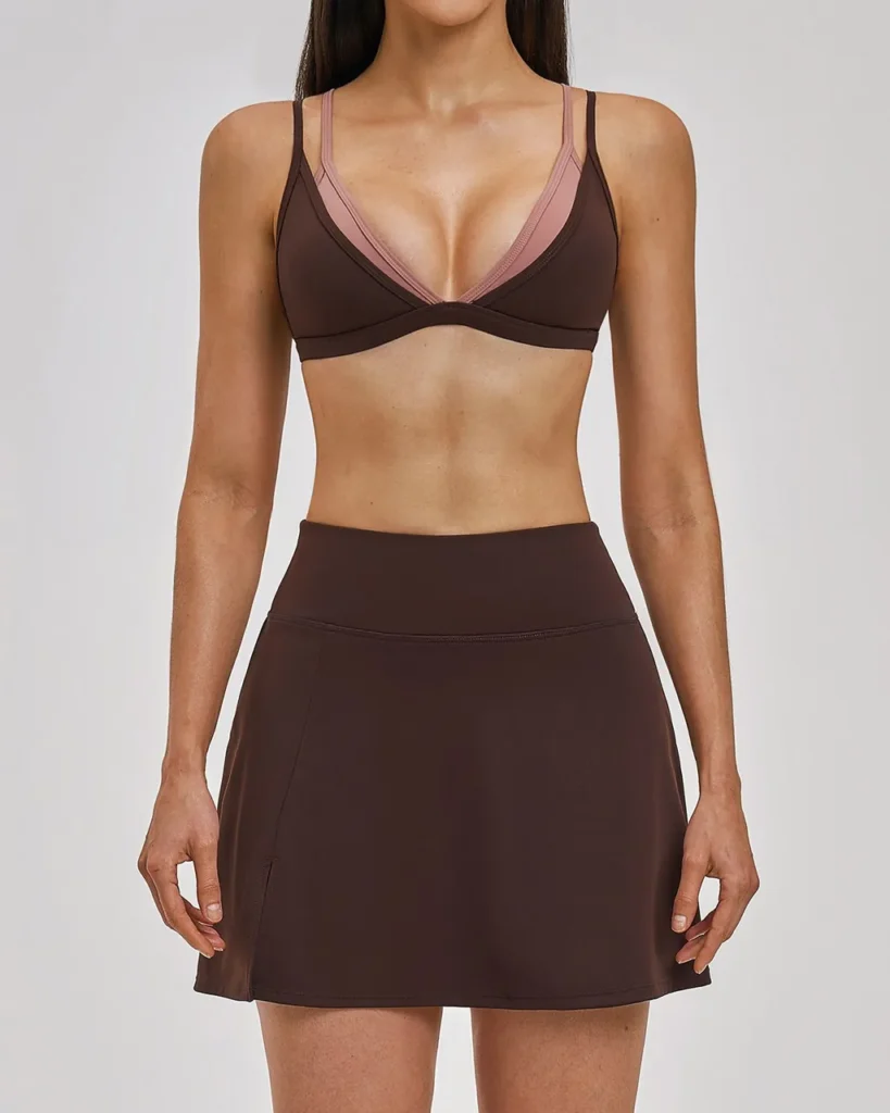 Nude Backless Tennis Skirt Quick Dry Casual Sports Set - Brown