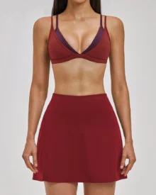 Nude Backless Tennis Skirt Quick Dry Casual Sports Set - Burgundy
