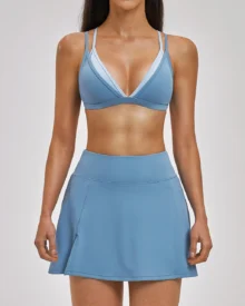 Nude Backless Tennis Skirt Quick Dry Casual Sports Set - Light Blue