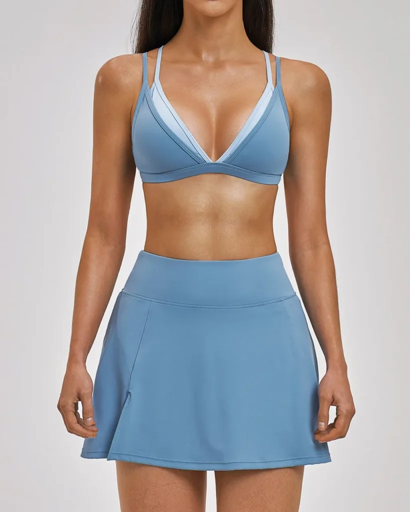 Nude Backless Tennis Skirt Quick Dry Casual Sports Set - Light Blue